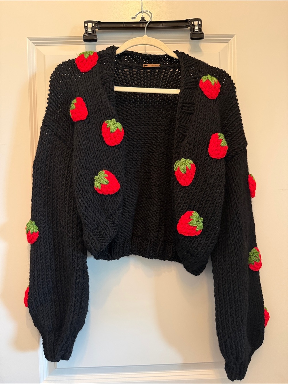 Black Cropped Cardigan with Red Strawberry Embellishments